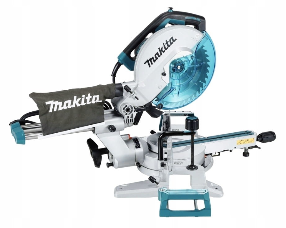 Makita LS1110F - widok z lewej strony, system posuwu i osłona tarczy