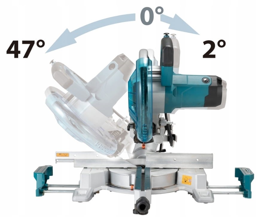 Pochylenie głowicy ukośnicy Makita LS1110F do cięcia skosów