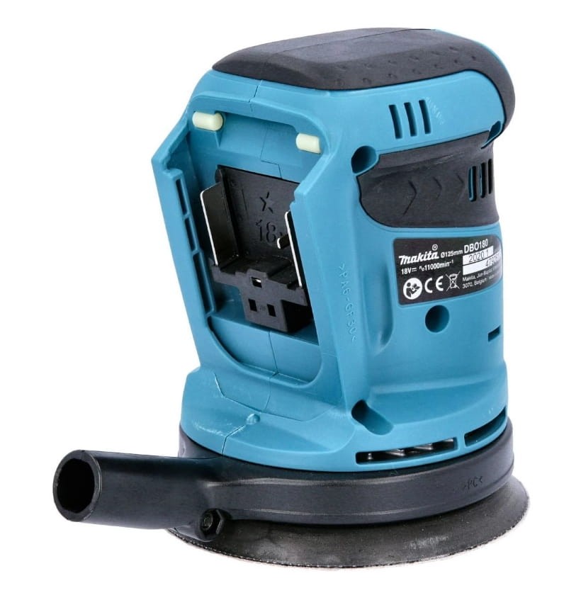 Gniazdo akumulatora w szlifierce Makita DBO180 - widok z tyłu