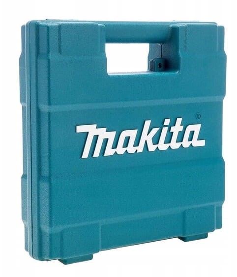 Niebieska walizka narzędziowa Makita z logo producenta