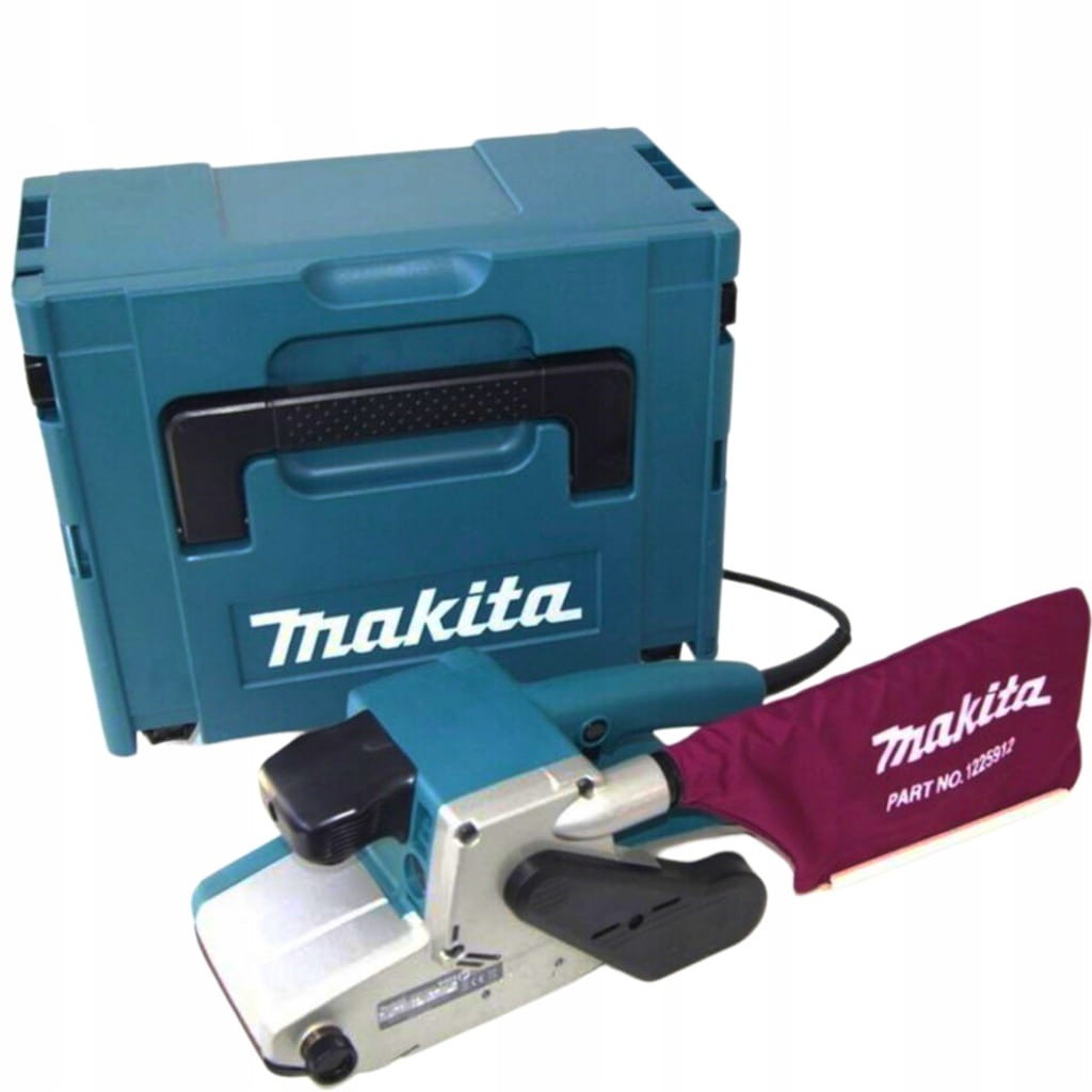 Szlifierka taśmowa Makita 9404J na tle otwartej walizki transportowej